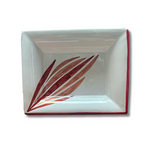 Hand-painted ceramic change tray featuring a crimson leaf design inspired by the Drifting Leaves pattern