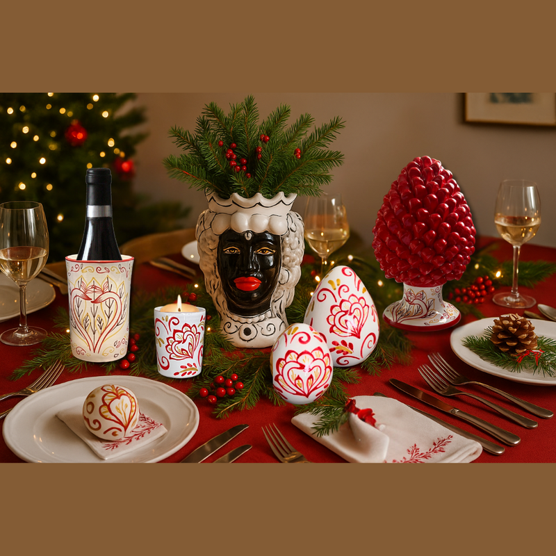 Festive table setting featuring Bdesign handcrafted ceramics — red pine cone ornament, black Moor Head vase, and hand-painted candle holders styled for Christmas.