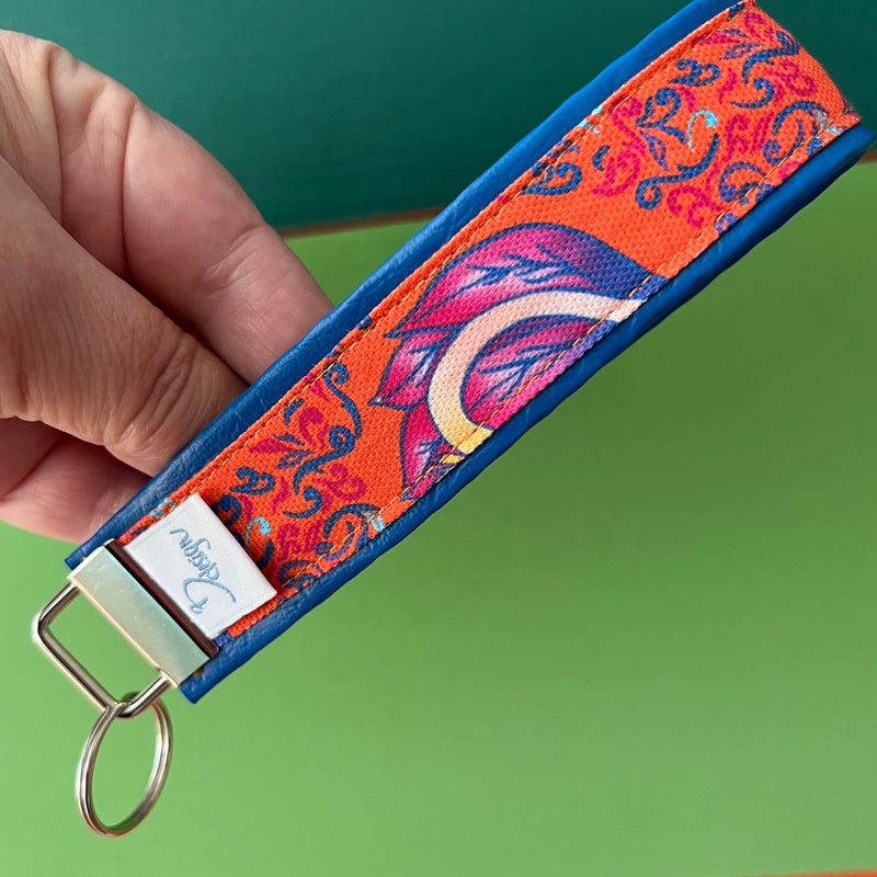 Bird of Paradise wristlet keychain – cotton fabric key holder with bold orange botanical print by Bdesign