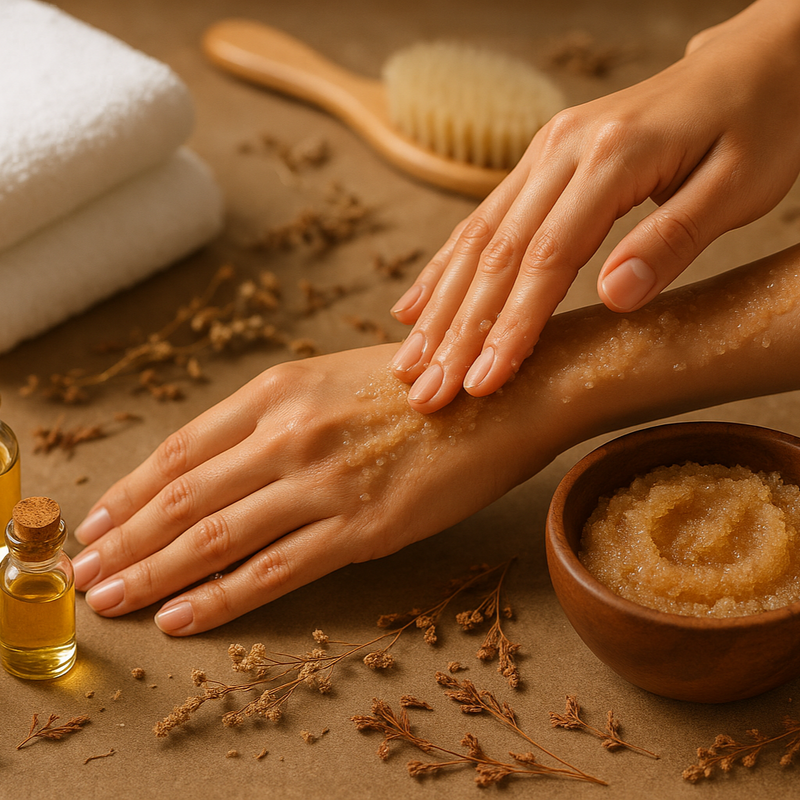 essential oils and body scrub being used